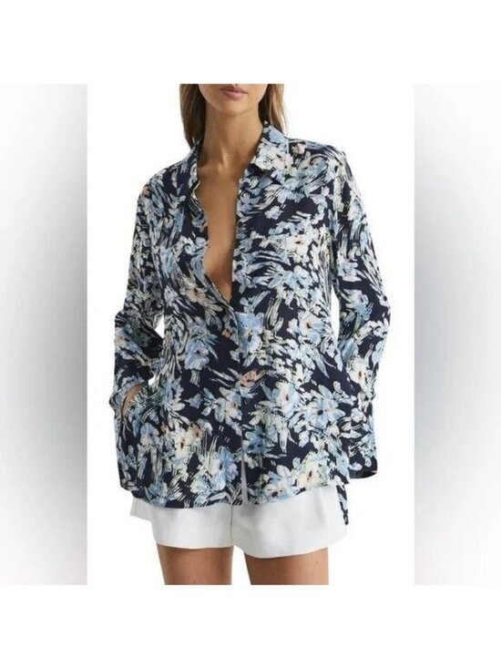 Reiss Tops - Reiss Womens Size 10 Laura Floral Print Shirt Navy Button-Up Long Sleeves USA